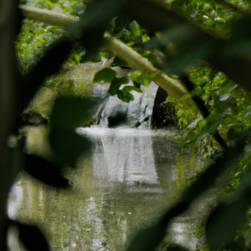eales Bild eines kleinen, schmalen Wasserfalls, der durch Äste und Blätter hindurch gut zu sehen ist. Das Bild vermittelt ein Gefühl des Wohlbefindens und der Ruhe. Der Wasserfall mündet in einen kleinen See. Vom Leben ausgebremst - Kongress für Menschen mit einem schweren Schicksalsschlag 